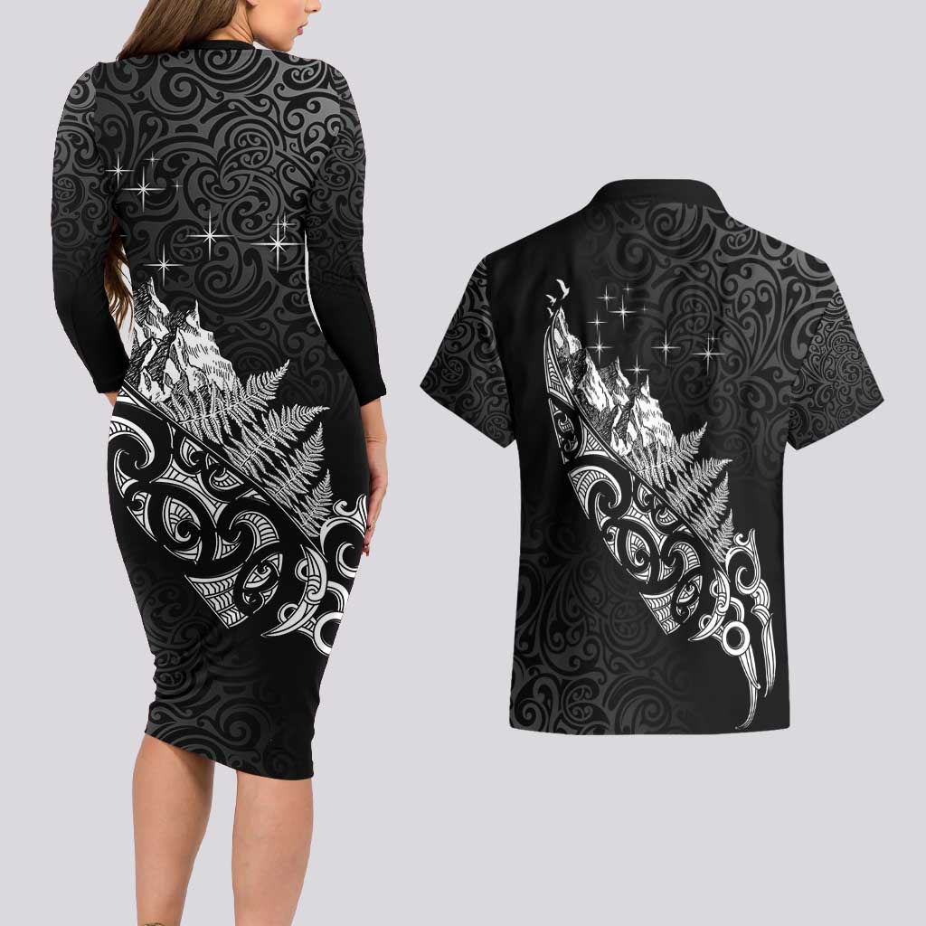 Maori Matariki Couples Matching Long Sleeve Bodycon Dress and Hawaiian Shirt Landscape Styled Fern - Monochrome