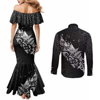 Maori Matariki Couples Matching Mermaid Dress and Long Sleeve Button Shirt Landscape Styled Fern - Monochrome