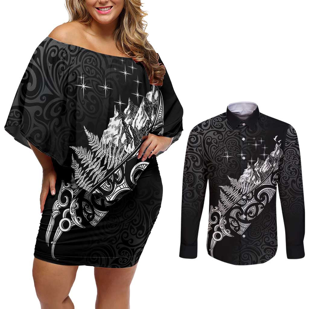 Maori Matariki Couples Matching Off Shoulder Short Dress and Long Sleeve Button Shirt Landscape Styled Fern - Monochrome