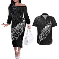 Maori Matariki Couples Matching Off The Shoulder Long Sleeve Dress and Hawaiian Shirt Landscape Styled Fern - Monochrome