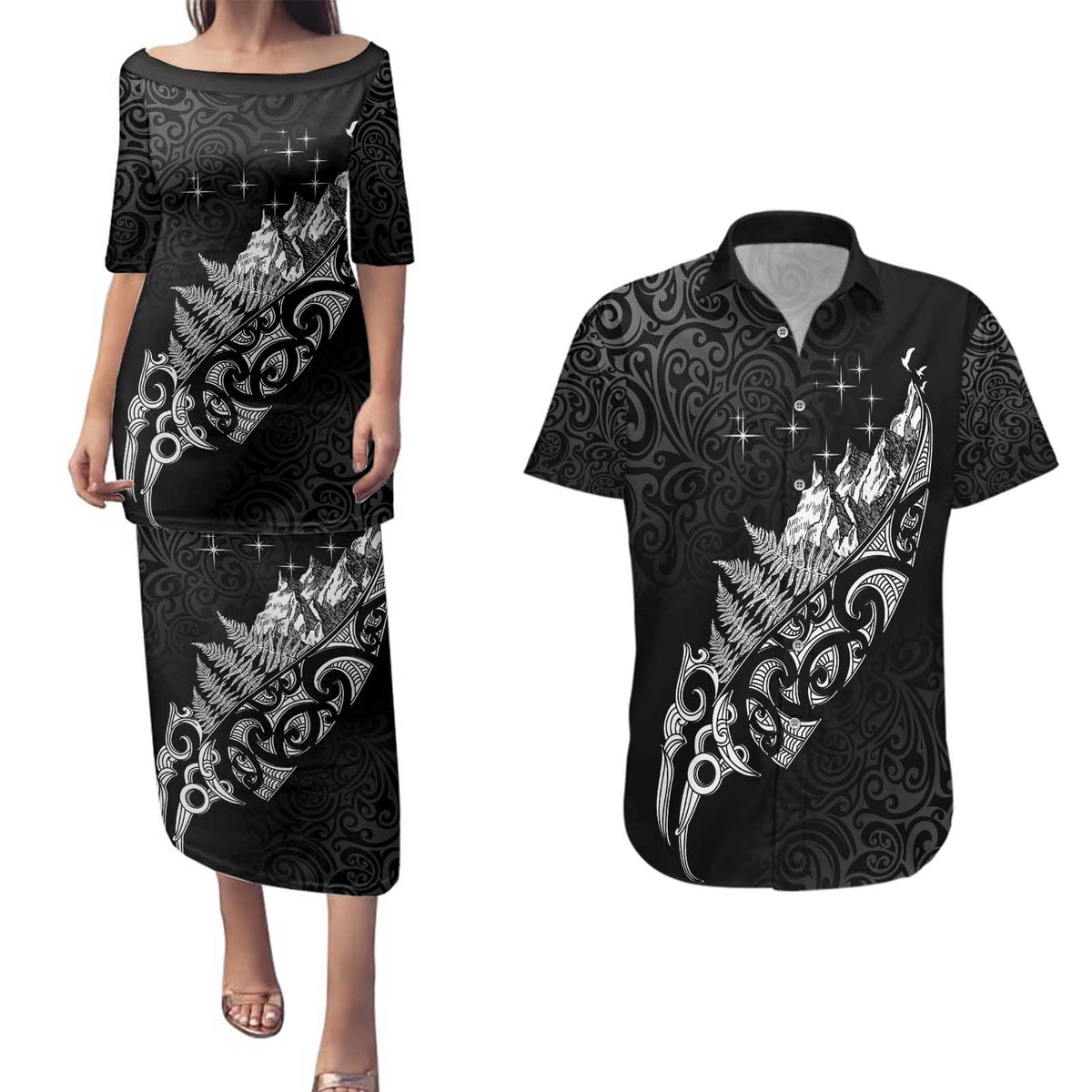 Maori Matariki Couples Matching Puletasi and Hawaiian Shirt Landscape Styled Fern - Monochrome