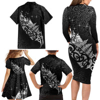 Maori Matariki Family Matching Long Sleeve Bodycon Dress and Hawaiian Shirt Landscape Styled Fern - Monochrome