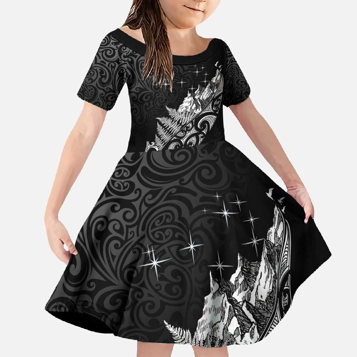 Maori Matariki Family Matching Off The Shoulder Long Sleeve Dress and Hawaiian Shirt Landscape Styled Fern - Monochrome