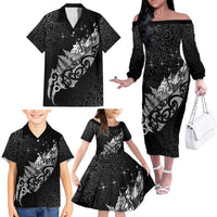 Maori Matariki Family Matching Off The Shoulder Long Sleeve Dress and Hawaiian Shirt Landscape Styled Fern - Monochrome