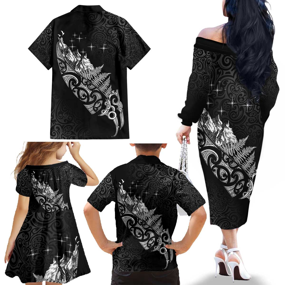 Maori Matariki Family Matching Off The Shoulder Long Sleeve Dress and Hawaiian Shirt Landscape Styled Fern - Monochrome