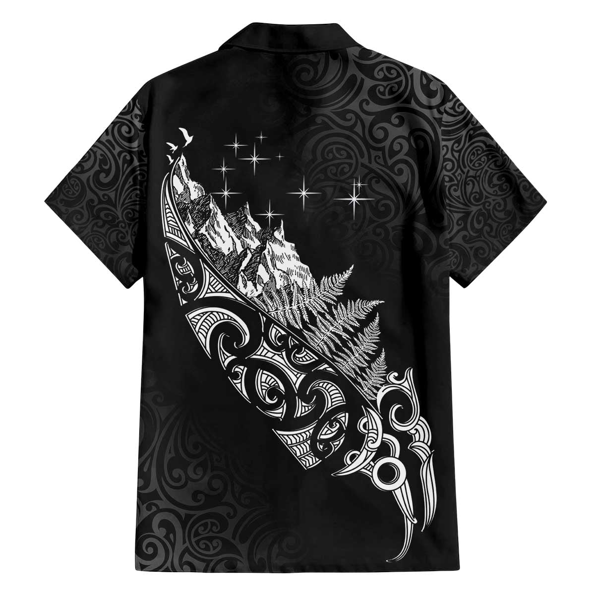 Maori Matariki Family Matching Off The Shoulder Long Sleeve Dress and Hawaiian Shirt Landscape Styled Fern - Monochrome
