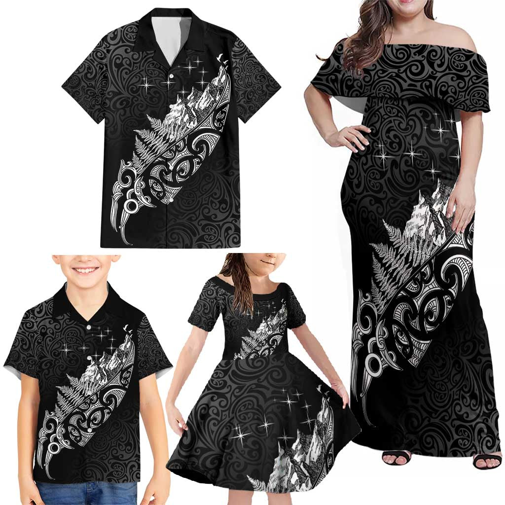 Maori Matariki Family Matching Off Shoulder Maxi Dress and Hawaiian Shirt Landscape Styled Fern - Monochrome