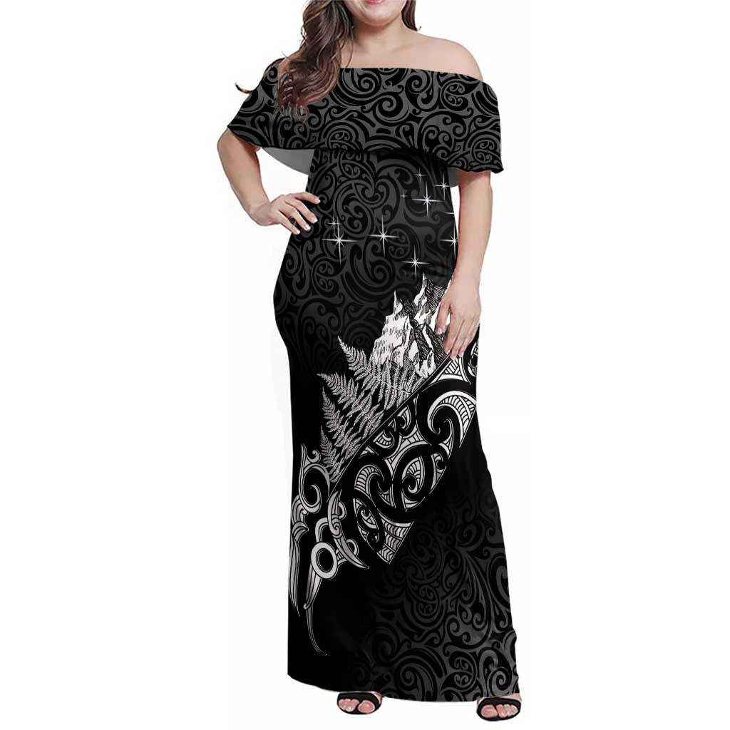 Maori Matariki Family Matching Off Shoulder Maxi Dress and Hawaiian Shirt Landscape Styled Fern - Monochrome