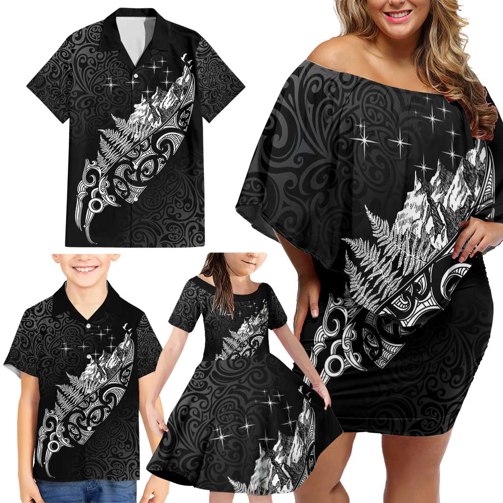 Maori Matariki Family Matching Off Shoulder Short Dress and Hawaiian Shirt Landscape Styled Fern - Monochrome