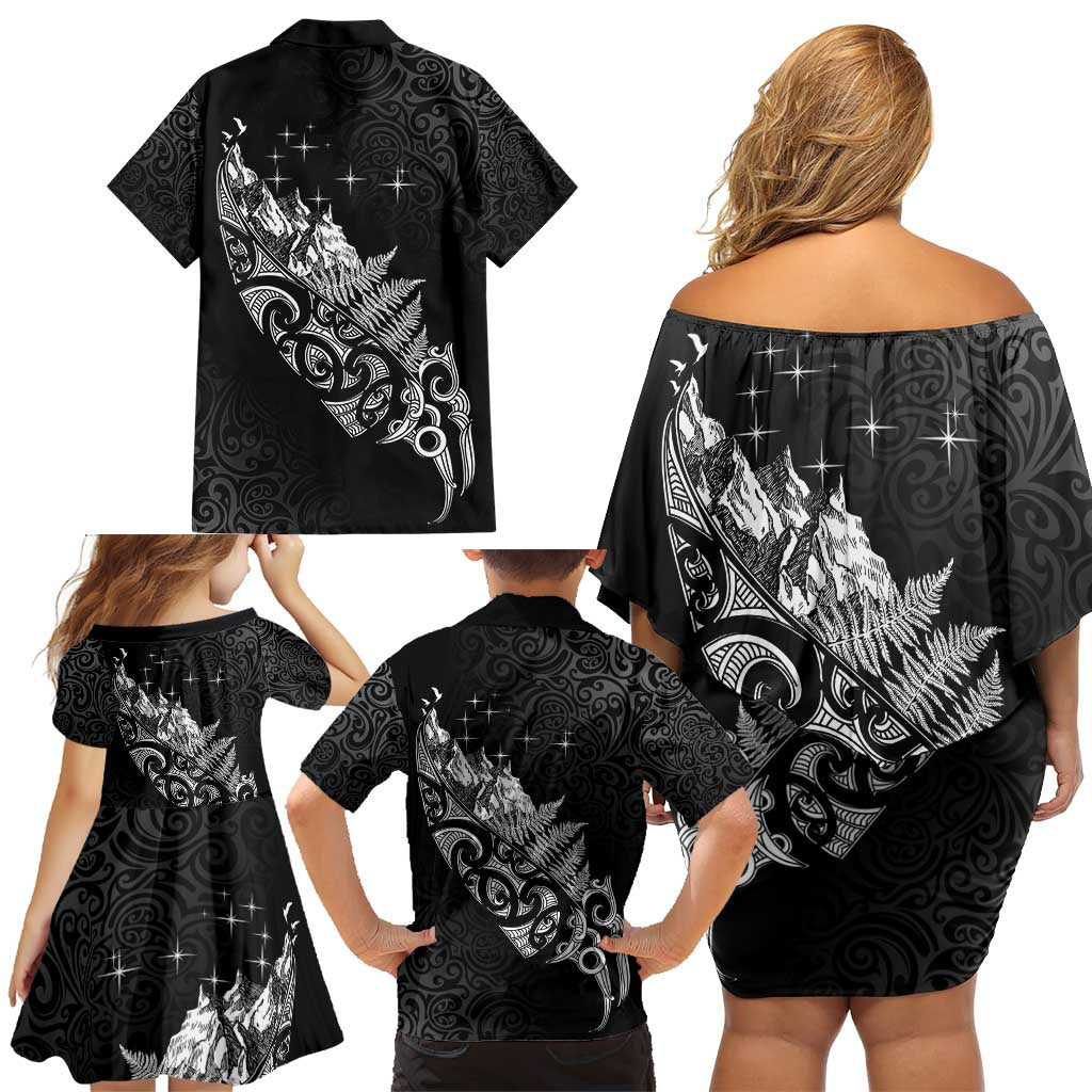 Maori Matariki Family Matching Off Shoulder Short Dress and Hawaiian Shirt Landscape Styled Fern - Monochrome