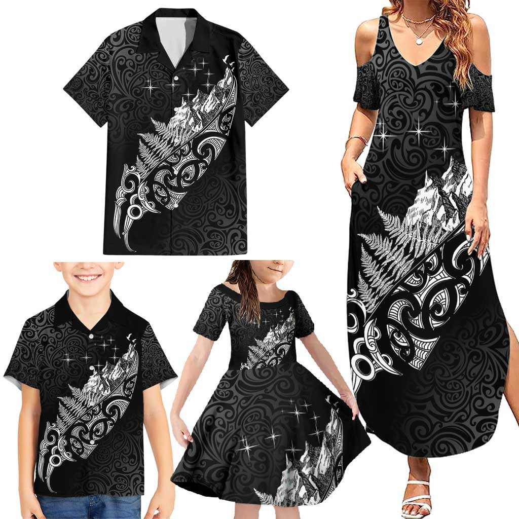 Maori Matariki Family Matching Summer Maxi Dress and Hawaiian Shirt Landscape Styled Fern - Monochrome
