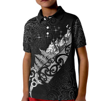 Maori Matariki Kid Polo Shirt Landscape Styled Fern - Monochrome LT7 Kid Black - Polynesian Pride