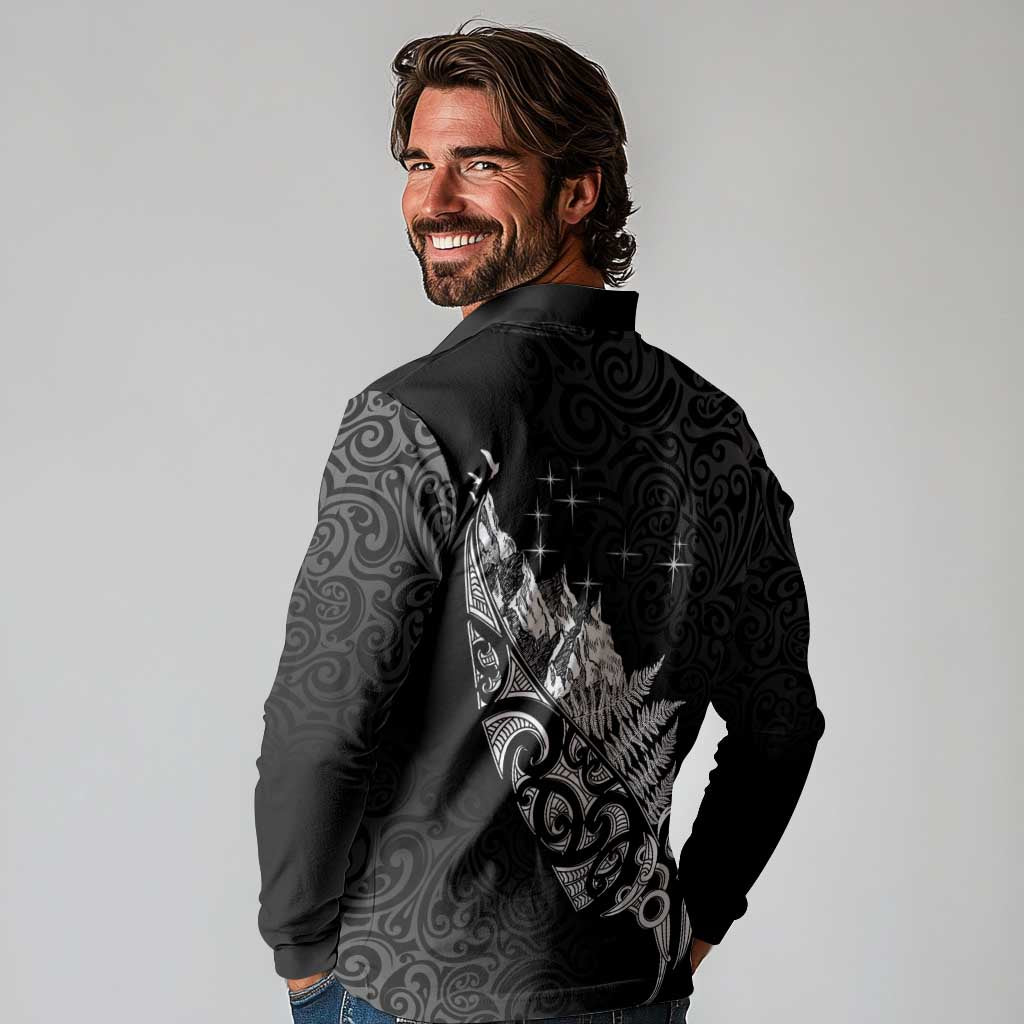Maori Matariki Long Sleeve Polo Shirt Landscape Styled Fern - Monochrome
