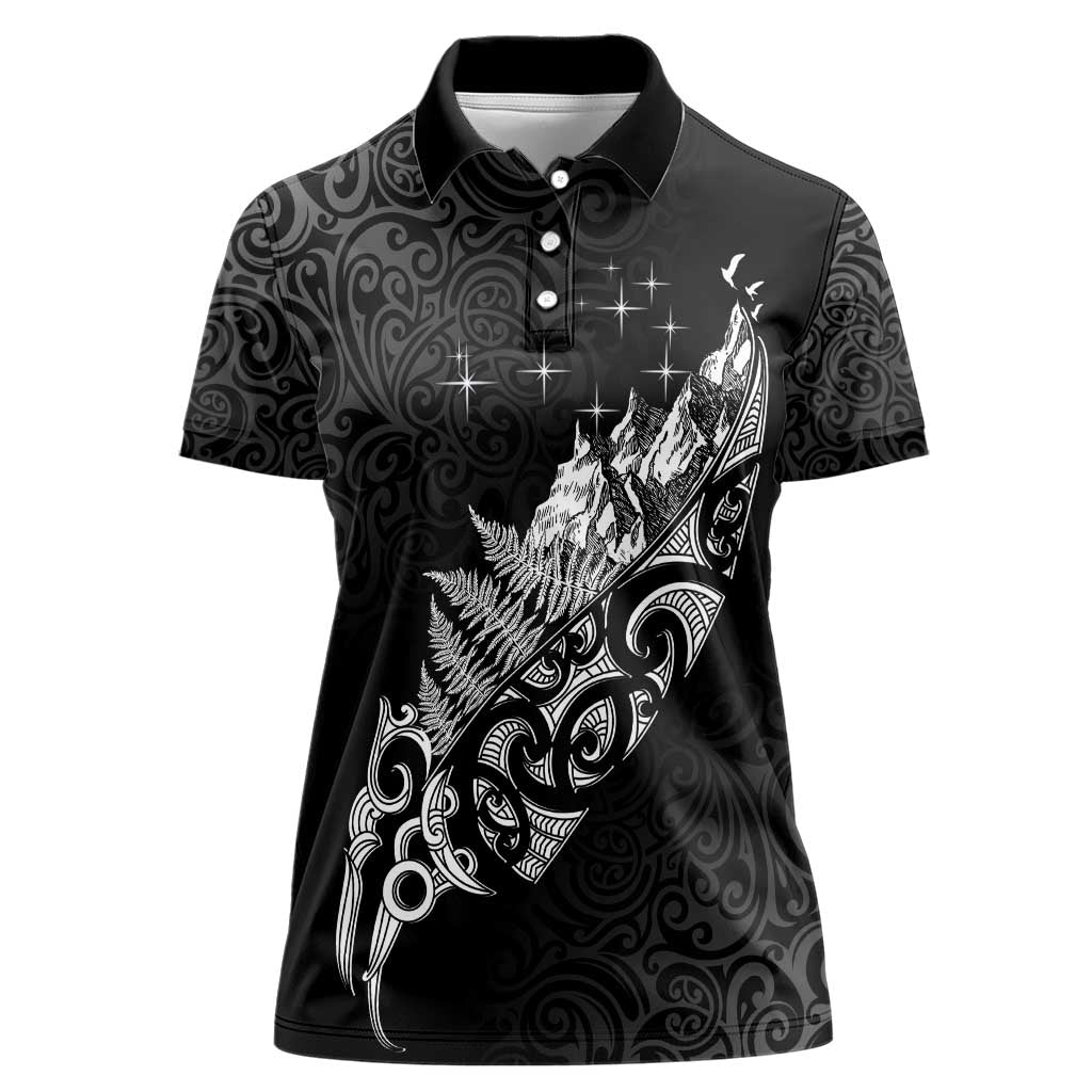 Maori Matariki Women Polo Shirt Landscape Styled Fern - Monochrome