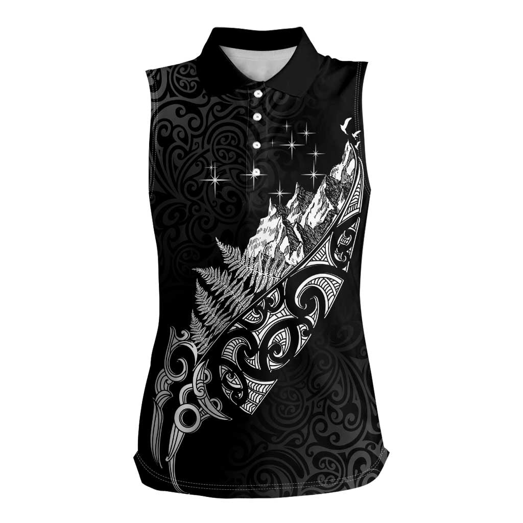 Maori Matariki Women Sleeveless Polo Shirt Landscape Styled Fern - Monochrome