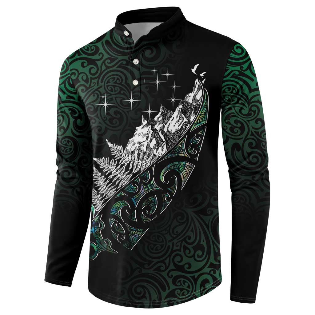 Maori Matariki Button Sweatshirt Landscape Styled Fern - Paua Shell