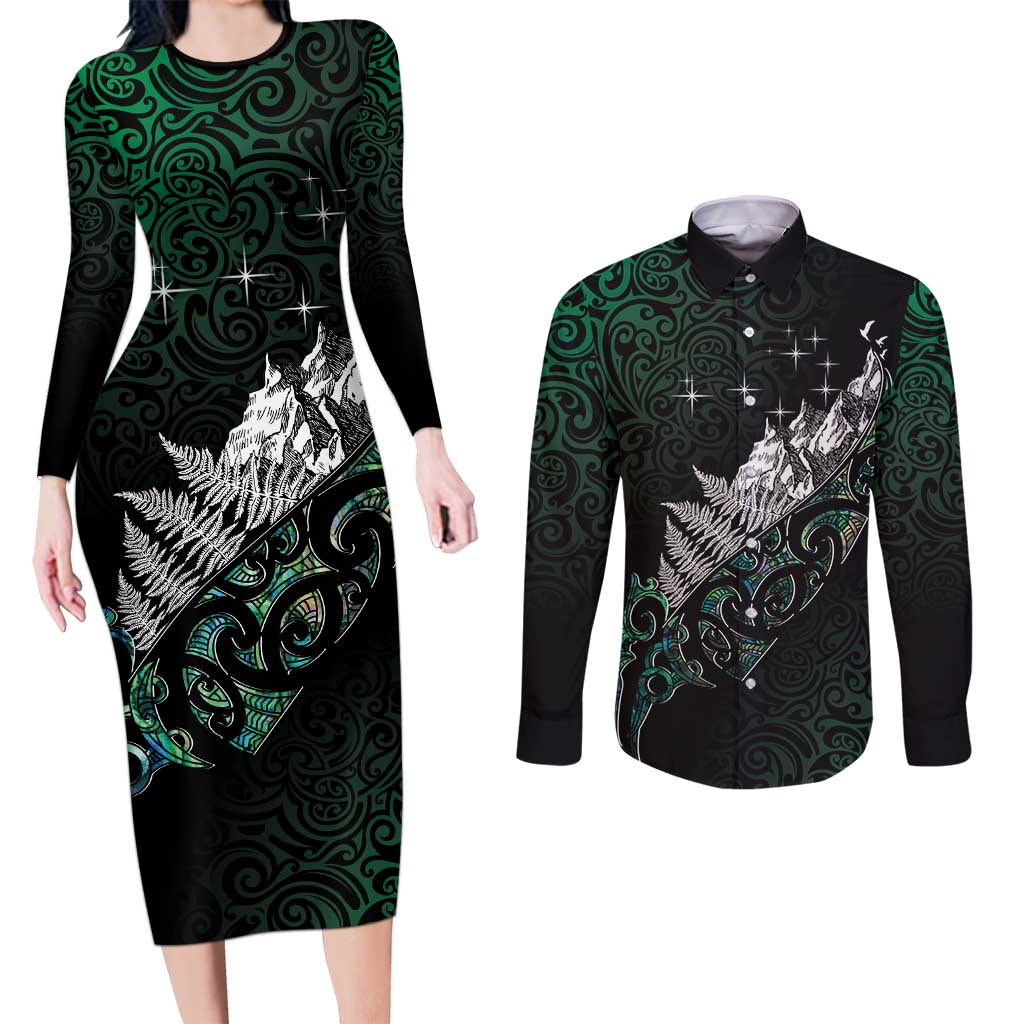 Maori Matariki Couples Matching Long Sleeve Bodycon Dress and Long Sleeve Button Shirt Landscape Styled Fern - Paua Shell