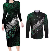 Maori Matariki Couples Matching Long Sleeve Bodycon Dress and Long Sleeve Button Shirt Landscape Styled Fern - Paua Shell