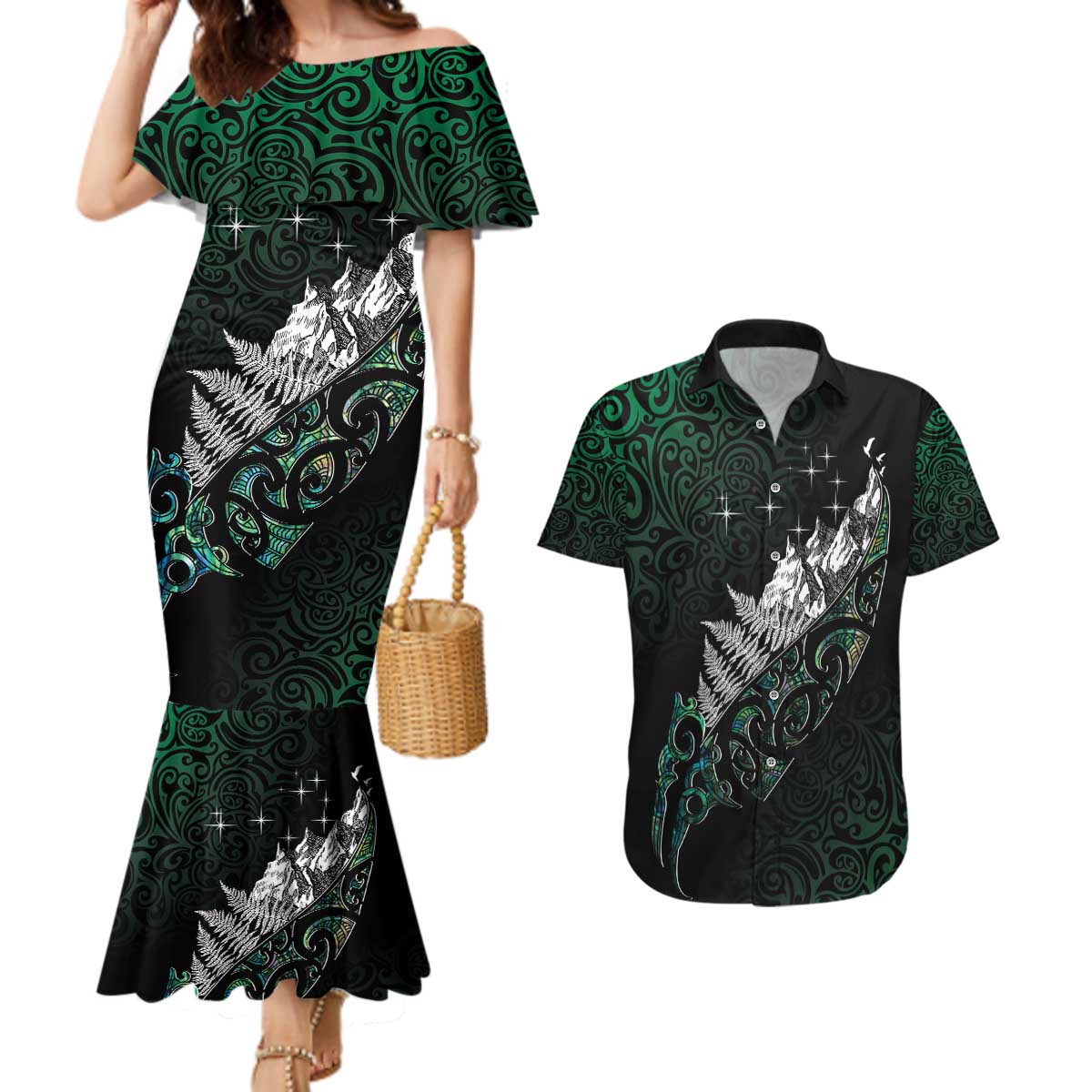 Maori Matariki Couples Matching Mermaid Dress and Hawaiian Shirt Landscape Styled Fern - Paua Shell
