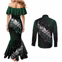 Maori Matariki Couples Matching Mermaid Dress and Long Sleeve Button Shirt Landscape Styled Fern - Paua Shell