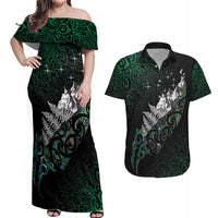 Maori Matariki Couples Matching Off Shoulder Maxi Dress and Hawaiian Shirt Landscape Styled Fern - Paua Shell