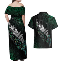 Maori Matariki Couples Matching Off Shoulder Maxi Dress and Hawaiian Shirt Landscape Styled Fern - Paua Shell