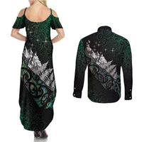 Maori Matariki Couples Matching Summer Maxi Dress and Long Sleeve Button Shirt Landscape Styled Fern - Paua Shell