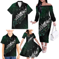 Maori Matariki Family Matching Off The Shoulder Long Sleeve Dress and Hawaiian Shirt Landscape Styled Fern - Paua Shell