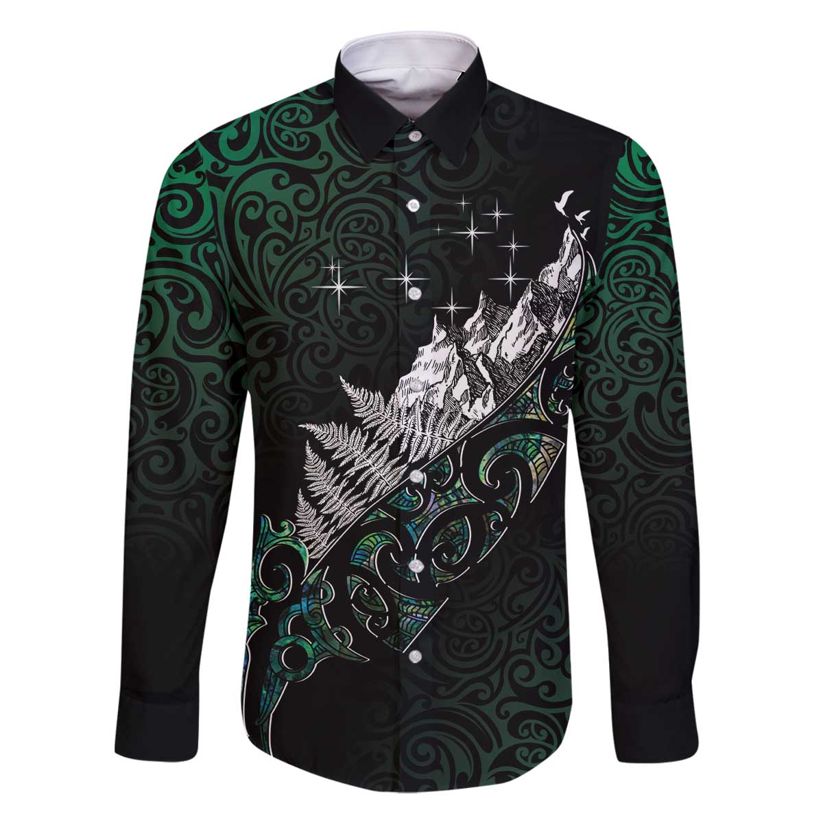 Maori Matariki Family Matching Off The Shoulder Long Sleeve Dress and Hawaiian Shirt Landscape Styled Fern - Paua Shell
