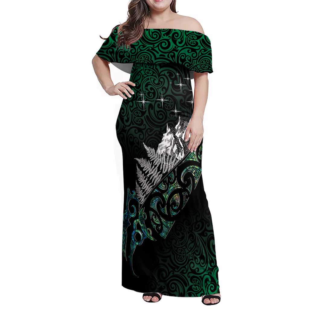 Maori Matariki Family Matching Off Shoulder Maxi Dress and Hawaiian Shirt Landscape Styled Fern - Paua Shell