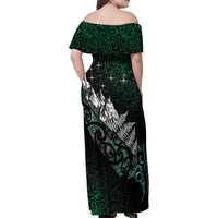 Maori Matariki Family Matching Off Shoulder Maxi Dress and Hawaiian Shirt Landscape Styled Fern - Paua Shell