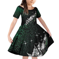Maori Matariki Family Matching Off Shoulder Short Dress and Hawaiian Shirt Landscape Styled Fern - Paua Shell