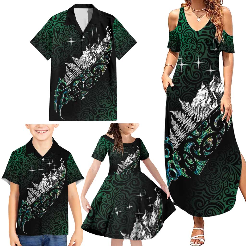 Maori Matariki Family Matching Summer Maxi Dress and Hawaiian Shirt Landscape Styled Fern - Paua Shell