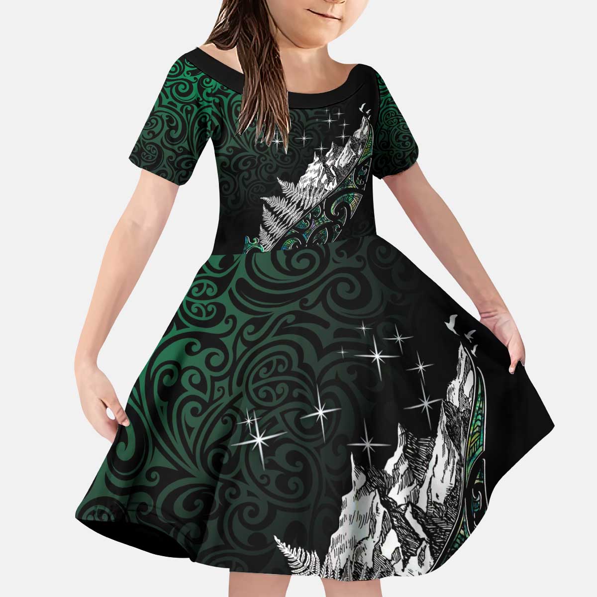 Maori Matariki Kid Short Sleeve Dress Landscape Styled Fern - Paua Shell