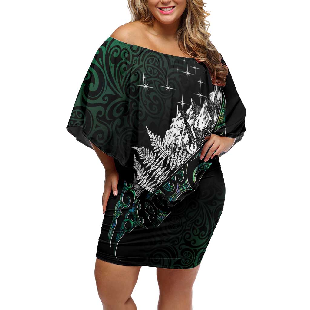 Maori Matariki Off Shoulder Short Dress Landscape Styled Fern - Paua Shell