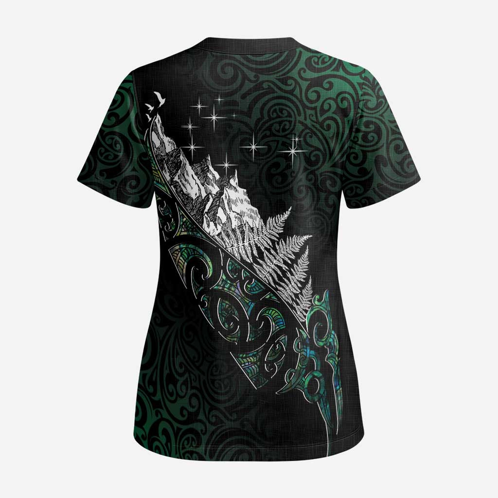 Maori Matariki Scrub Top Landscape Styled Fern - Paua Shell LT7 - Polynesian Pride