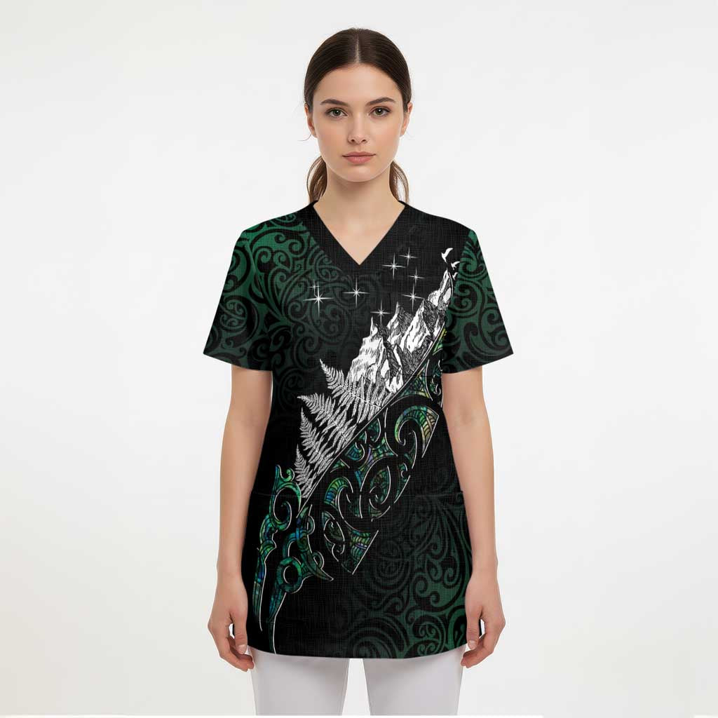 Maori Matariki Scrub Top Landscape Styled Fern - Paua Shell LT7 - Polynesian Pride