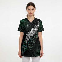 Maori Matariki Scrub Top Landscape Styled Fern - Paua Shell LT7 - Polynesian Pride