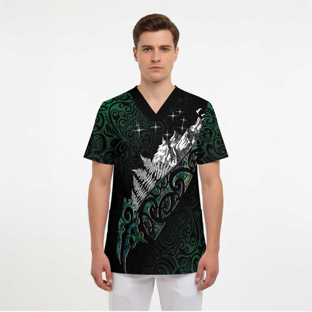 Maori Matariki Scrub Top Landscape Styled Fern - Paua Shell LT7 - Polynesian Pride