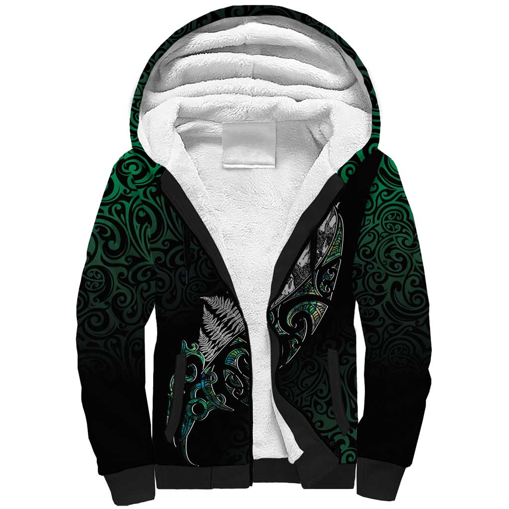 Maori Matariki Sherpa Hoodie Landscape Styled Fern - Paua Shell LT7 Unisex Green - Polynesian Pride