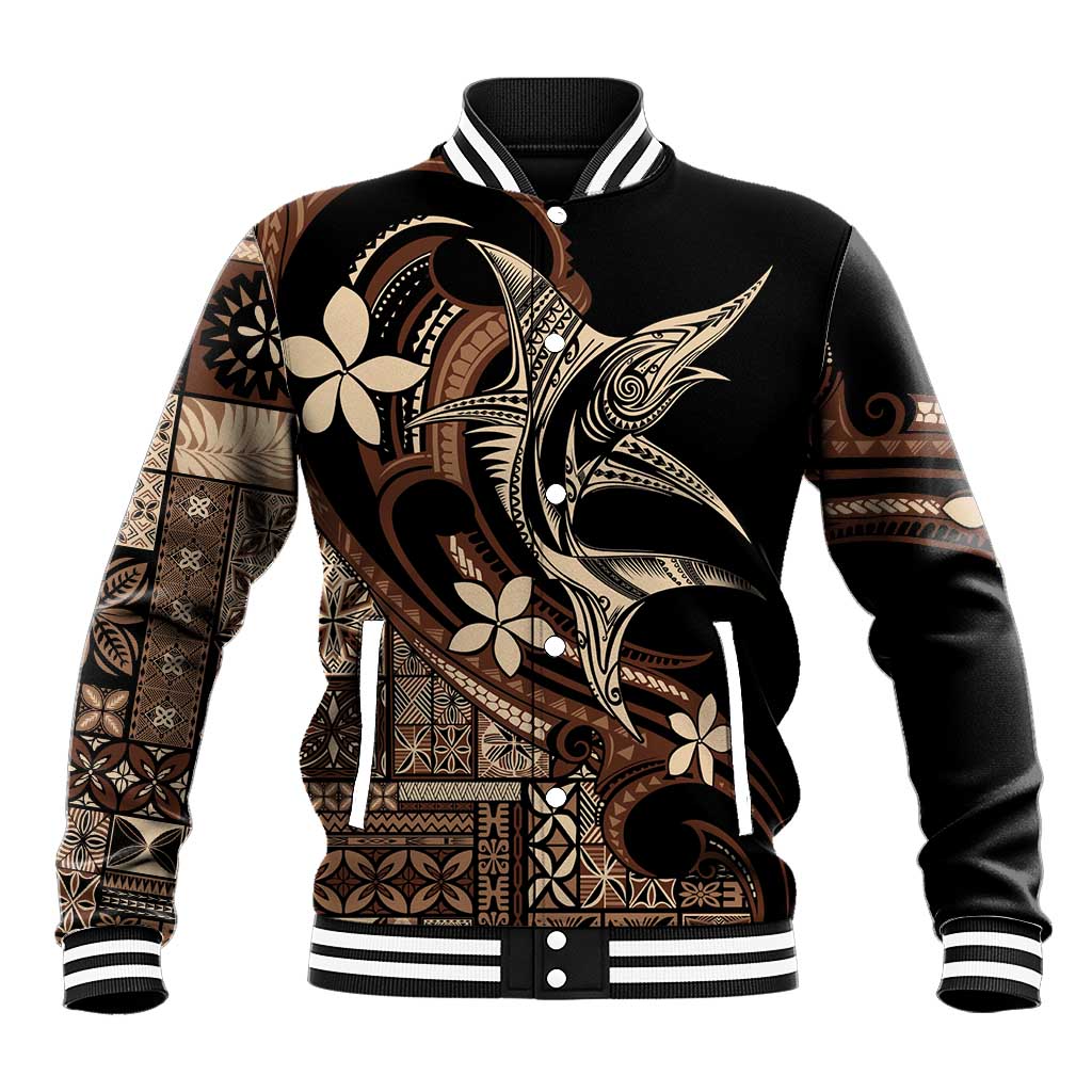 Samoa Manuia le Aso Tuto'atasi Baseball Jacket Siapo Mamanu Mix Tatau Marlin LT7 Unisex Black - Polynesian Pride
