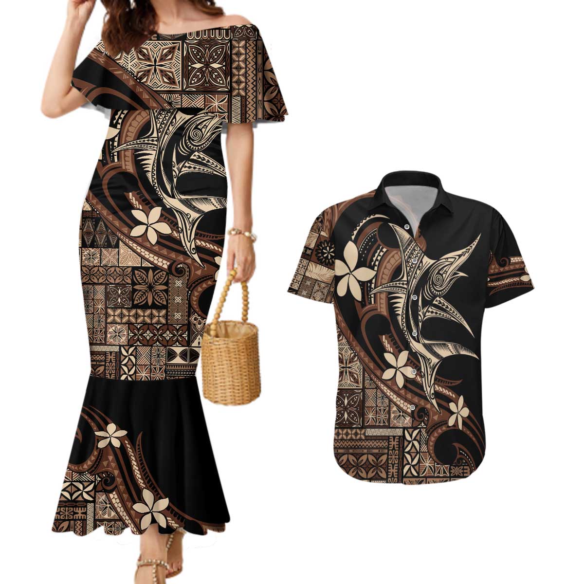 Samoa Manuia le Aso Tuto'atasi Couples Matching Mermaid Dress and Hawaiian Shirt Siapo Mamanu Mix Tatau Marlin LT7 Black - Polynesian Pride