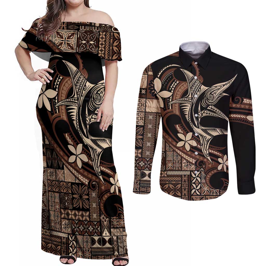 Samoa Manuia le Aso Tuto'atasi Couples Matching Off Shoulder Maxi Dress and Long Sleeve Button Shirt Siapo Mamanu Mix Tatau Marlin