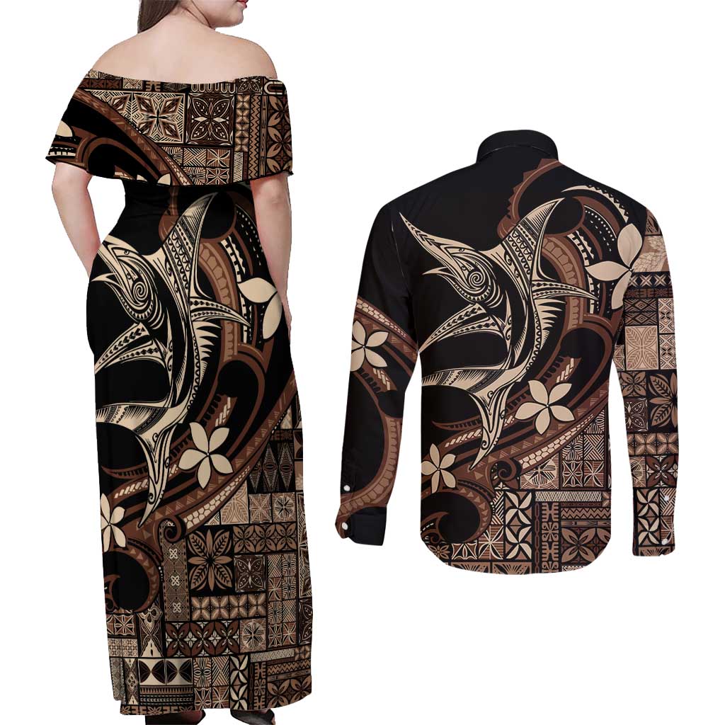 Samoa Manuia le Aso Tuto'atasi Couples Matching Off Shoulder Maxi Dress and Long Sleeve Button Shirt Siapo Mamanu Mix Tatau Marlin