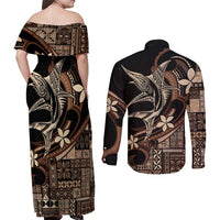 Samoa Manuia le Aso Tuto'atasi Couples Matching Off Shoulder Maxi Dress and Long Sleeve Button Shirt Siapo Mamanu Mix Tatau Marlin