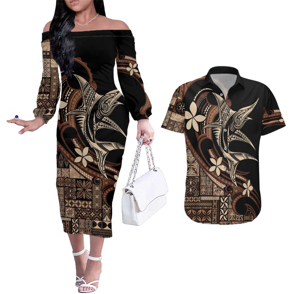 Samoa Manuia le Aso Tuto'atasi Couples Matching Off The Shoulder Long Sleeve Dress and Hawaiian Shirt Siapo Mamanu Mix Tatau Marlin
