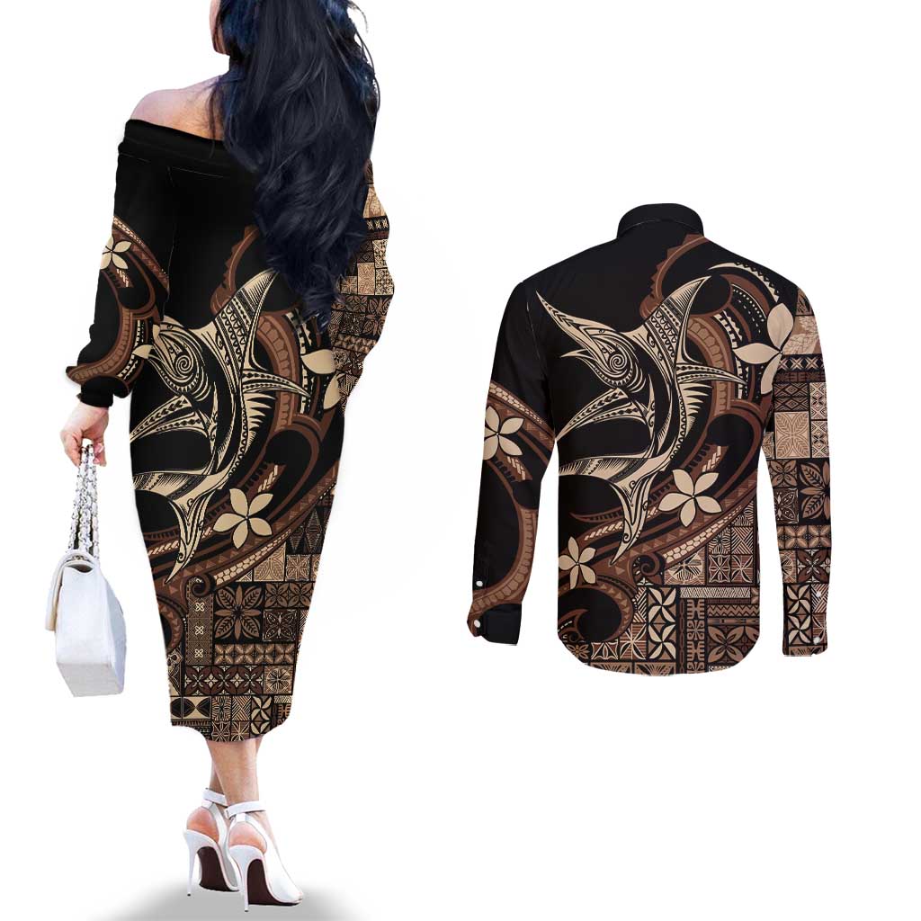 Samoa Manuia le Aso Tuto'atasi Couples Matching Off The Shoulder Long Sleeve Dress and Long Sleeve Button Shirt Siapo Mamanu Mix Tatau Marlin