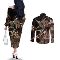 Samoa Manuia le Aso Tuto'atasi Couples Matching Off The Shoulder Long Sleeve Dress and Long Sleeve Button Shirt Siapo Mamanu Mix Tatau Marlin