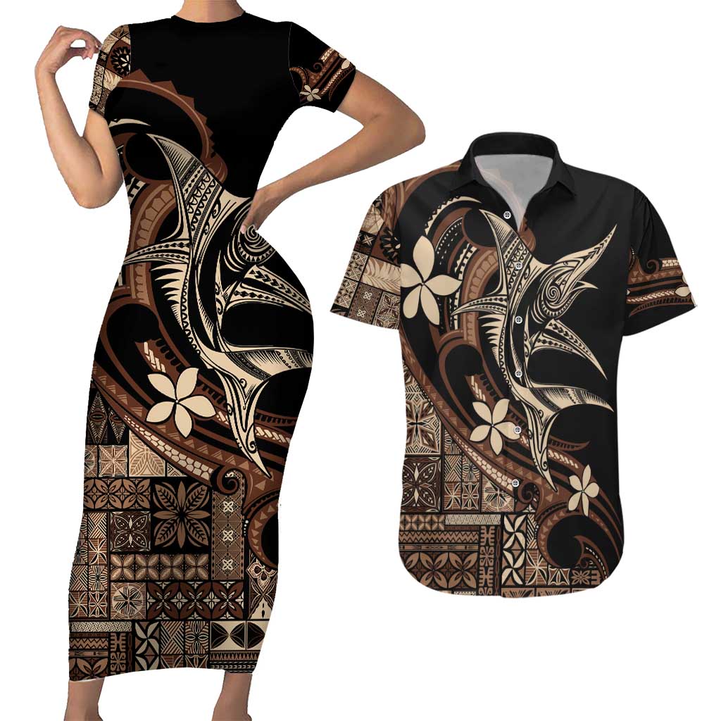 Samoa Manuia le Aso Tuto'atasi Couples Matching Short Sleeve Bodycon Dress and Hawaiian Shirt Siapo Mamanu Mix Tatau Marlin LT7 Black - Polynesian Pride