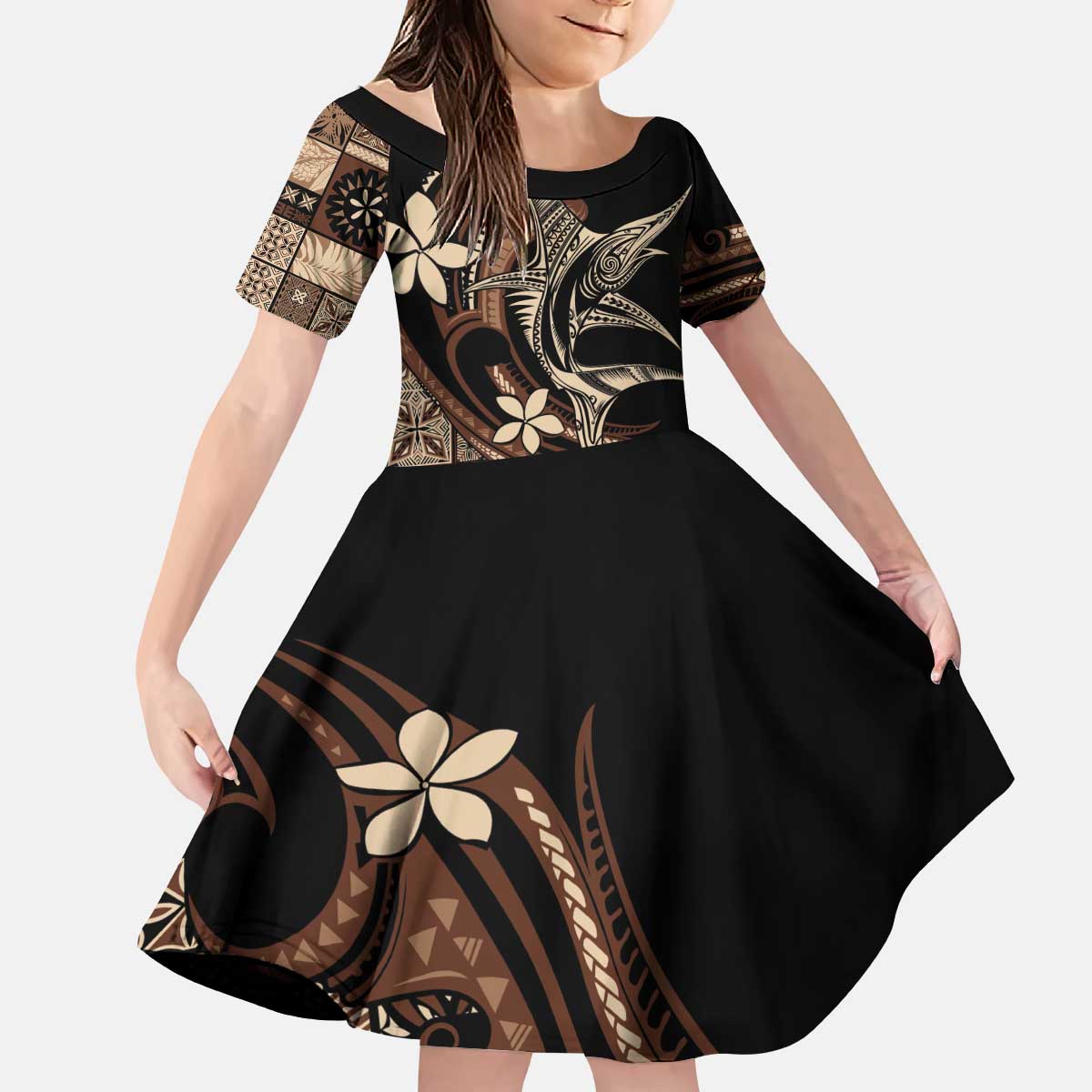 Samoa Manuia le Aso Tuto'atasi Kid Short Sleeve Dress Siapo Mamanu Mix Tatau Marlin LT7 KID Black - Polynesian Pride